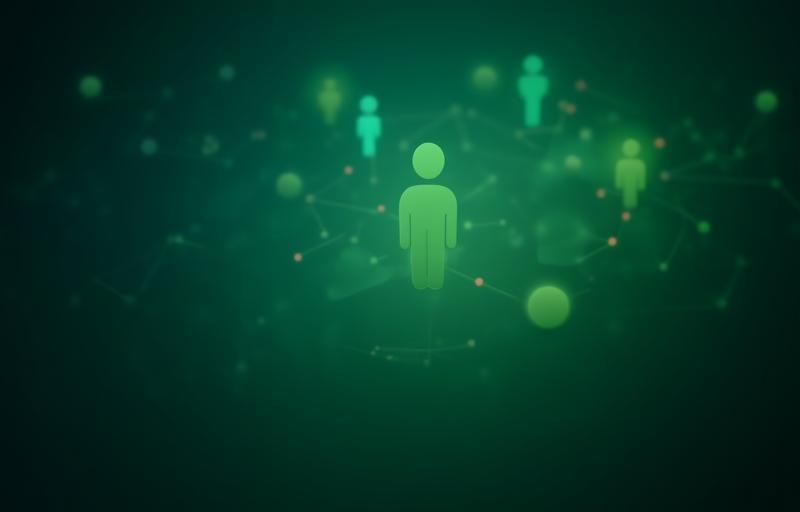 Abstract representation of community connection and digital solutions, featuring interconnected nodes and diverse people