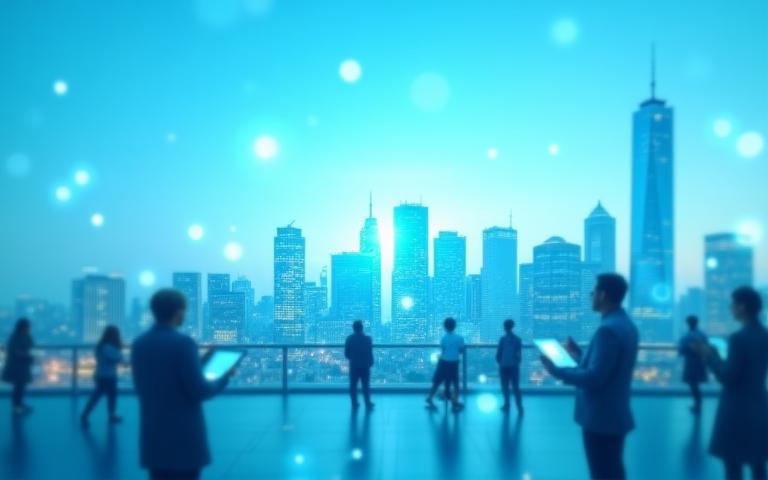 An illustrative image of a modern city skyline with digital overlays representing connectivity and smart services, symbolizing urban digitalization.
