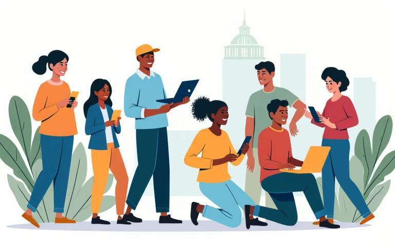 A vibrant illustration of a community engaging with digital platforms, featuring diverse people using devices, representing enhanced digital outreach and public service.