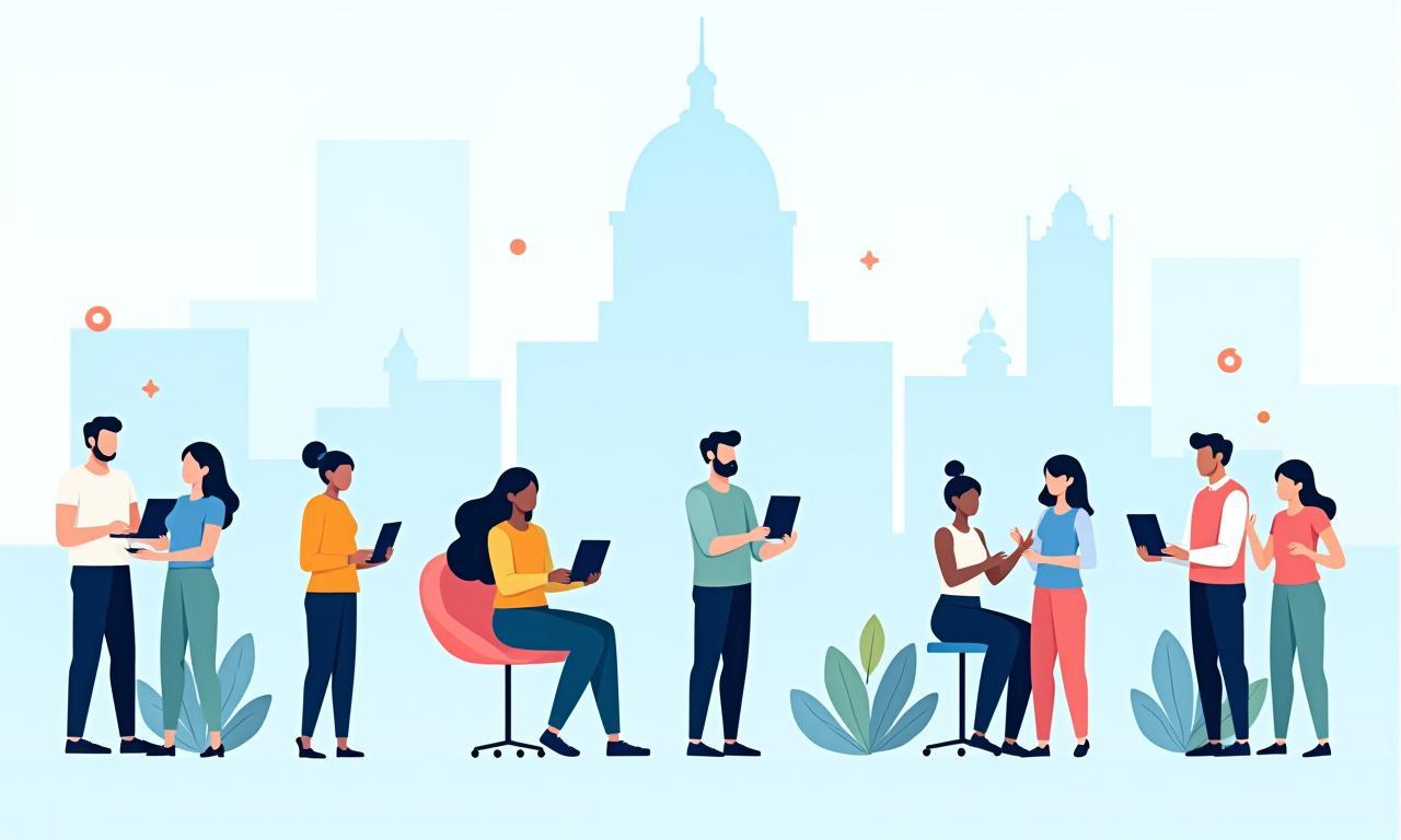 Diverse group of community members digitally connecting on a large screen with a city skyline backdrop, representing digital connection and public sector services.