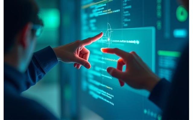 Developers collaborating on custom software code, with abstract lines of code and design elements, symbolizing bespoke solutions.