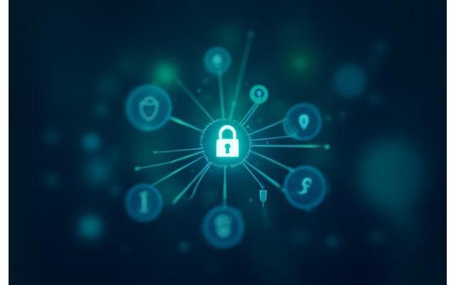 Digital representation of secure single sign-on (SSO) with user icons and a padlock, indicating secure authentication across multiple services.