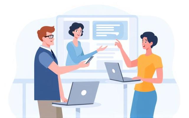 A friendly technical support representative assisting a user on a laptop, with a speech bubble icon, illustrating ongoing support and training.